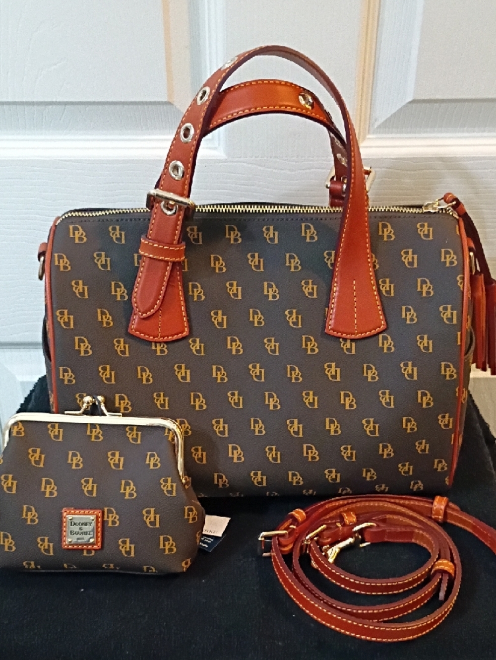 Dooney & Bourke Brown Logo Satchel with Tan Leather Trim and Wallet - Picture 3 of 7